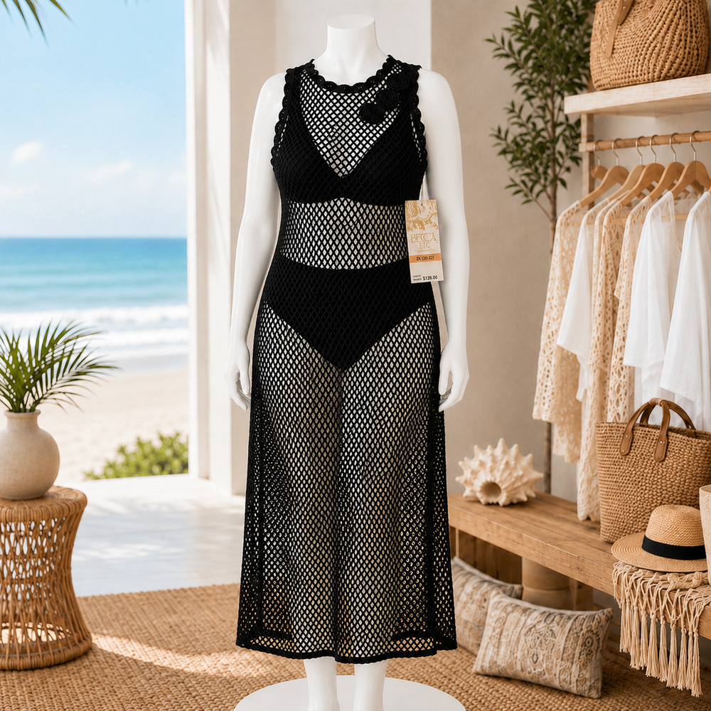 NWT BECCA Castaway Island Crochet Mesh Cover Up Dress Black 2X $128 - Picture 1 of 7